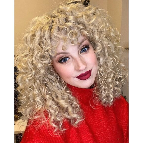 Short Blonde Curly Wig with Bangs for Women Ash Blonde Wigs with Bangs Curly Syn